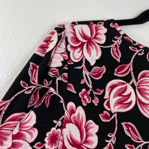 Pink Floral Front Twist Midi Stretch Textured Dress Romantic 90s Career Wear - Picture 5 of 12